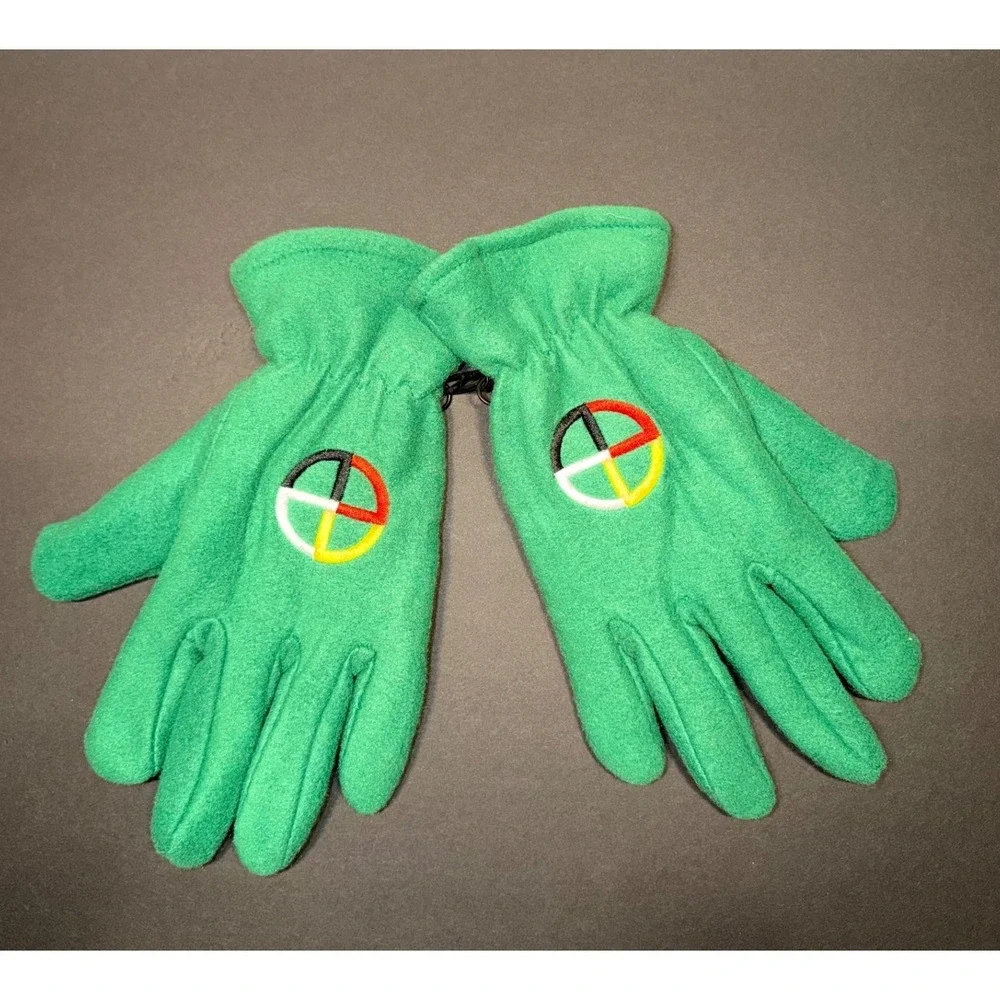 Green Four Directions Fleece Winter Gloves Lakota Medicine Wheel Embroidery